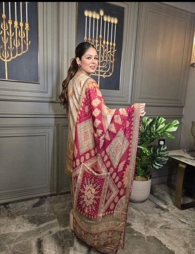 Premium Beige Printed Silk Suit with Maroon Dupatta