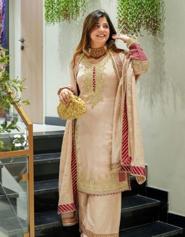Peach Golden Embroidered Festive Suit