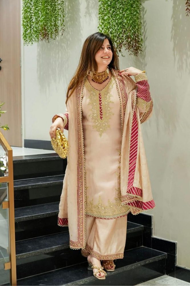 Peach Golden Embroidered Festive Suit