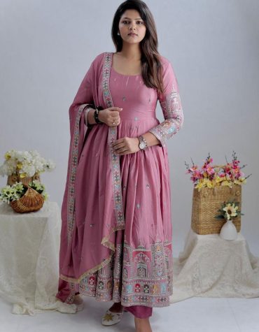 Dusty Pink Embroidered Anarkali Suit with Dupatta