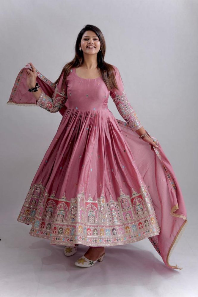 Dusty Pink Embroidered Anarkali Suit with Dupatta