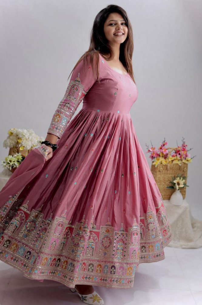Dusty Pink Embroidered Anarkali Suit with Dupatta