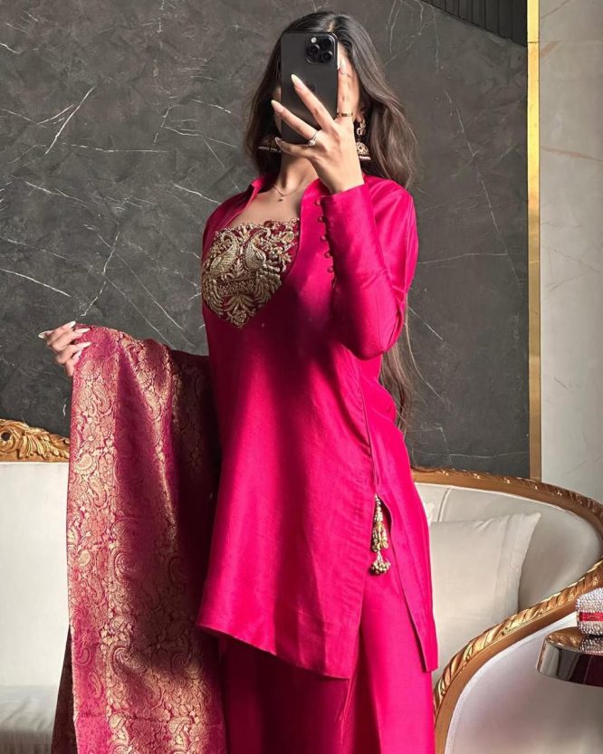 Magenta Pink Silk Embroidered Salwar Suit with Banarasi Dupatta