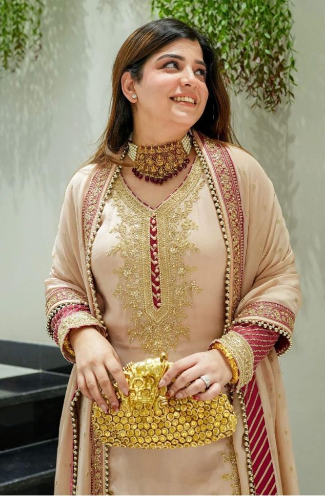 Peach Golden Embroidered Festive Suit