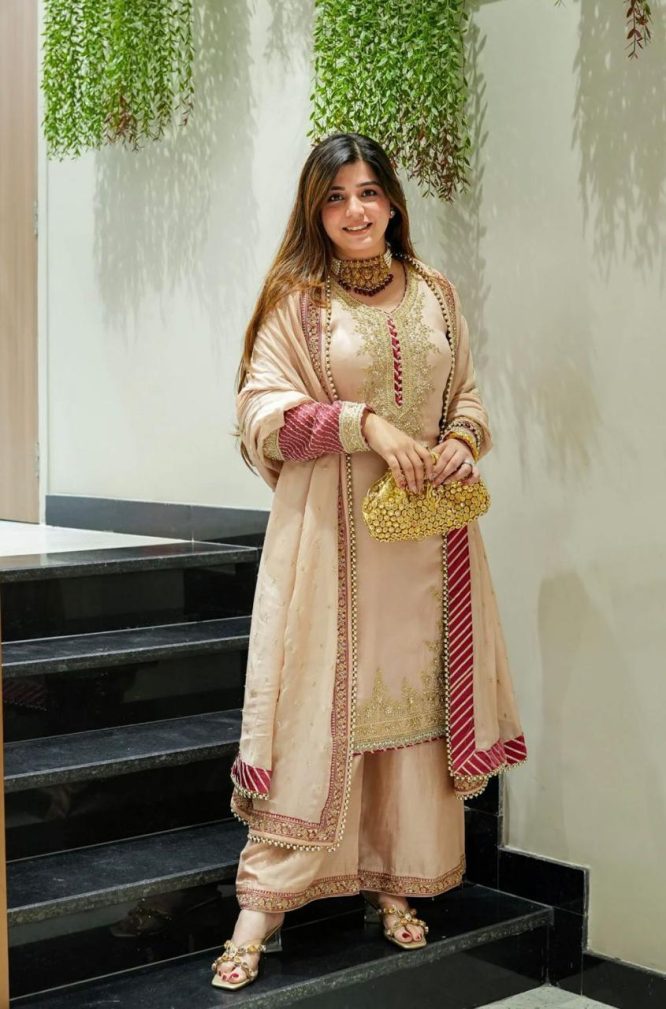 Peach Golden Embroidered Festive Suit