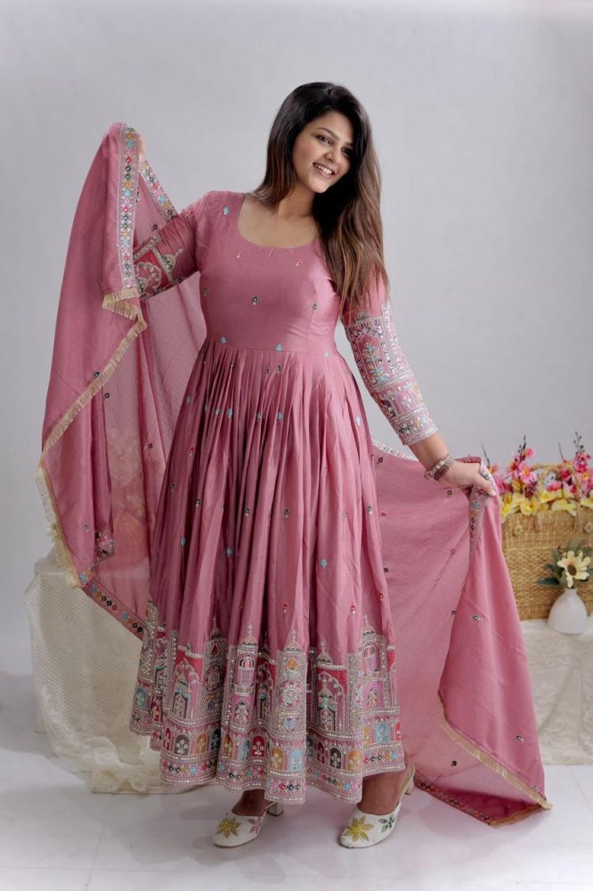 Dusty Pink Embroidered Anarkali Suit with Dupatta
