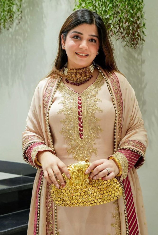 Peach Golden Embroidered Festive Suit