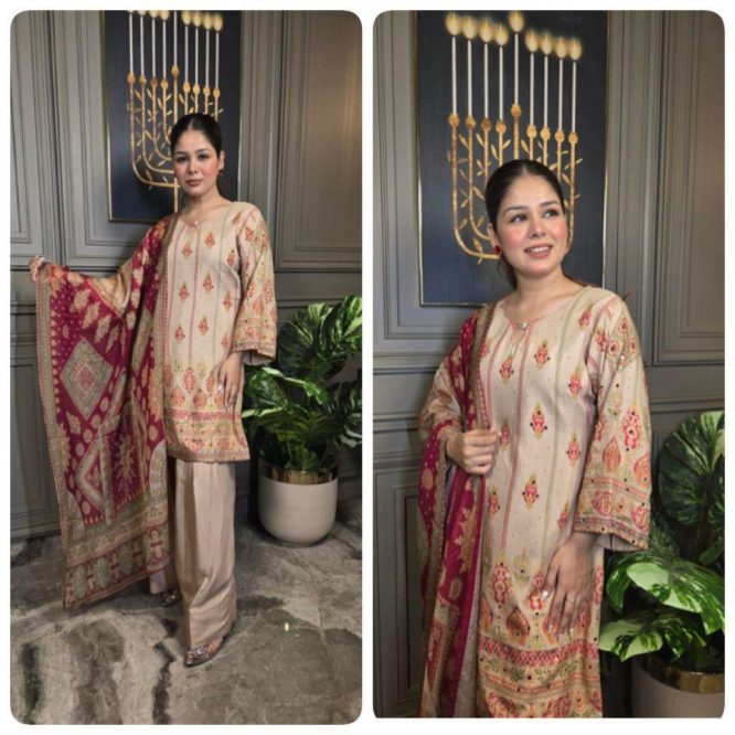 Premium Beige Printed Silk Suit with Maroon Dupatta