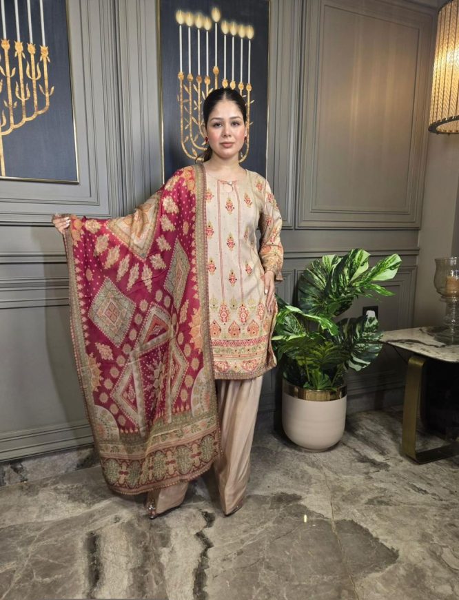 Premium Beige Printed Silk Suit with Maroon Dupatta