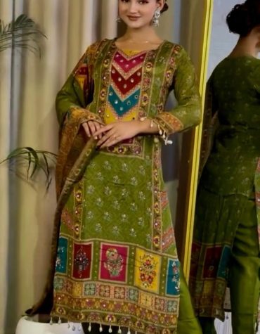 Green Multi-Color Embroidered Printed Suit with Dupatta