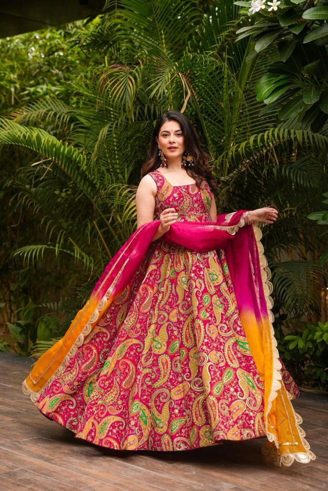 Bandhej Paisley Printed Anarkali with Ombre Dupatta