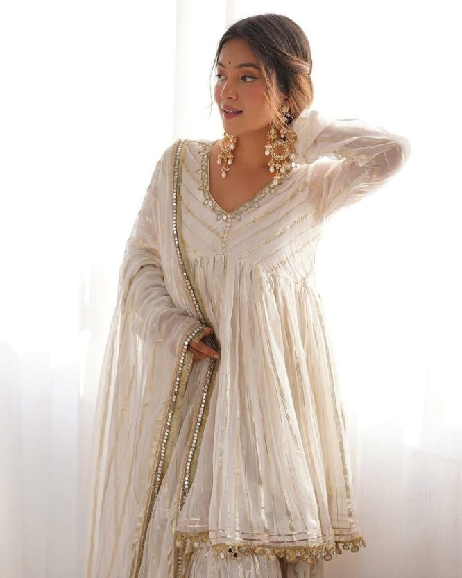 Ivory And Gold Mirror Work Sharara Set