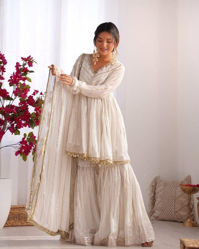 Ivory And Gold Mirror Work Sharara Set