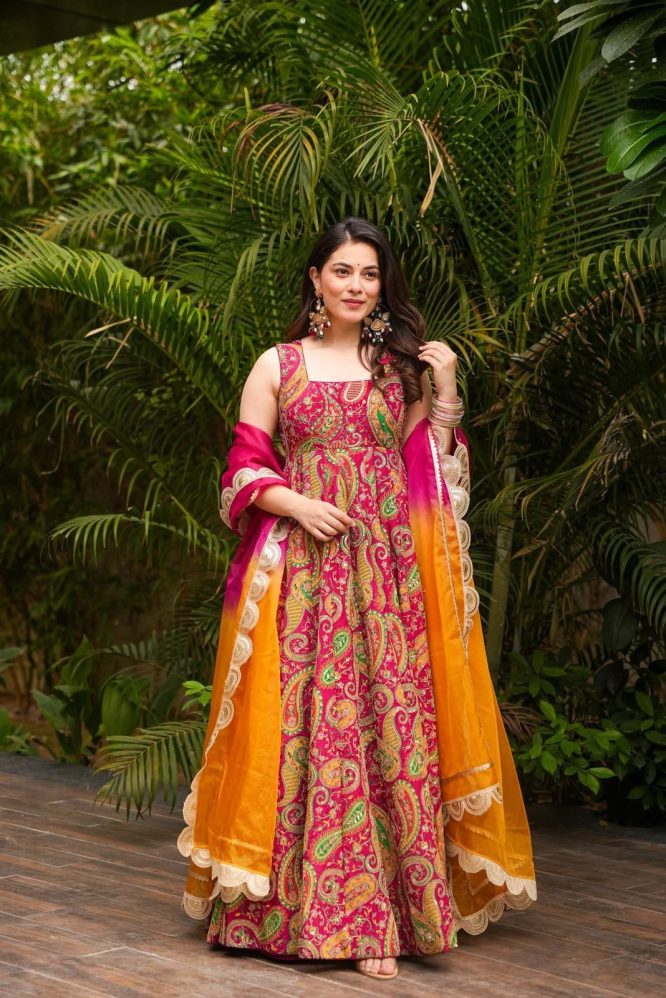 Bandhej Paisley Printed Anarkali with Ombre Dupatta