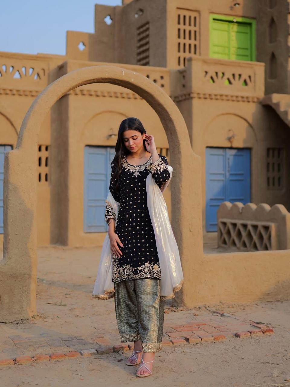 Luxury Black Kurta with Gold Trousers & Dupatta