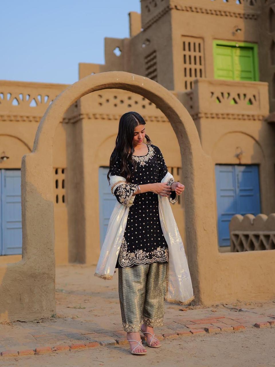 Luxury Black Kurta with Gold Trousers & Dupatta