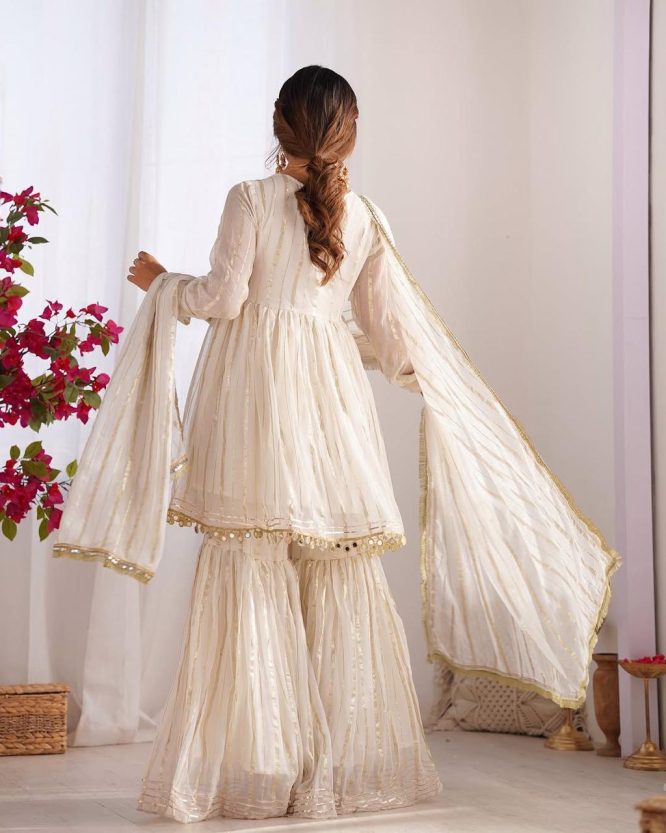 Ivory And Gold Mirror Work Sharara Set
