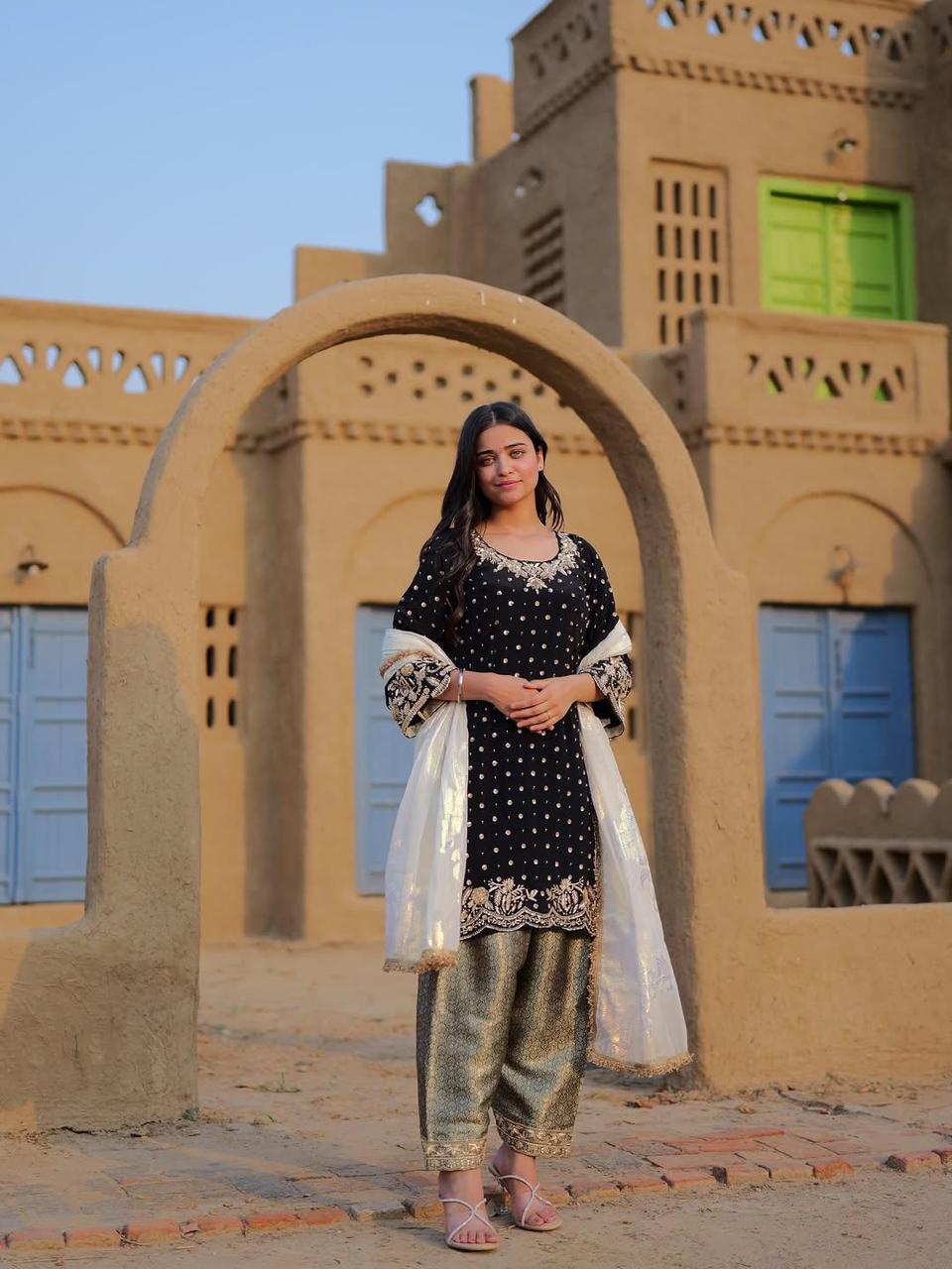 Luxury Black Kurta with Gold Trousers & Dupatta