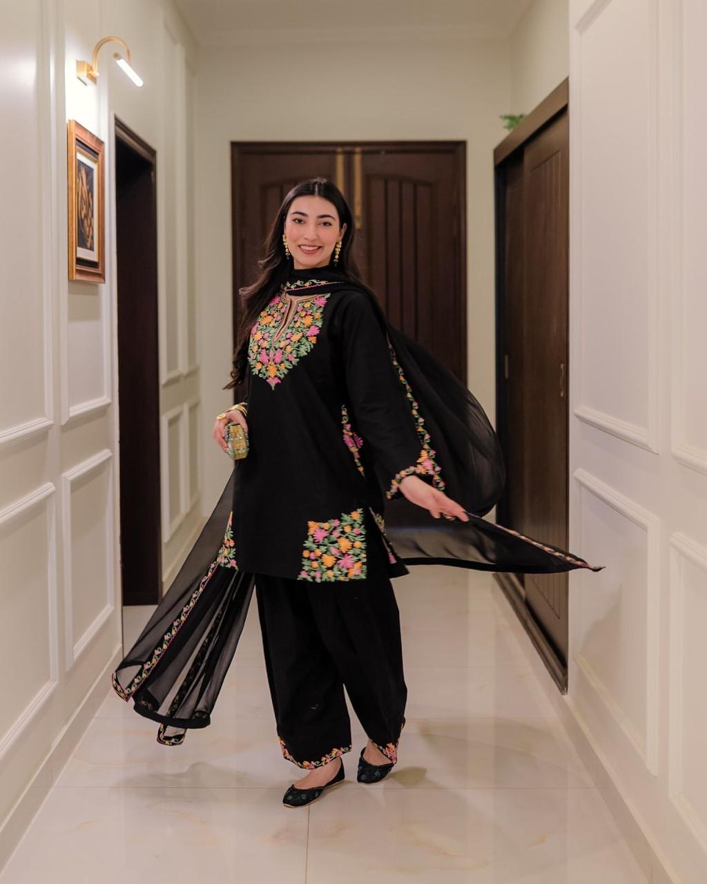 Elegant Black Floral Embroidered Suit Set