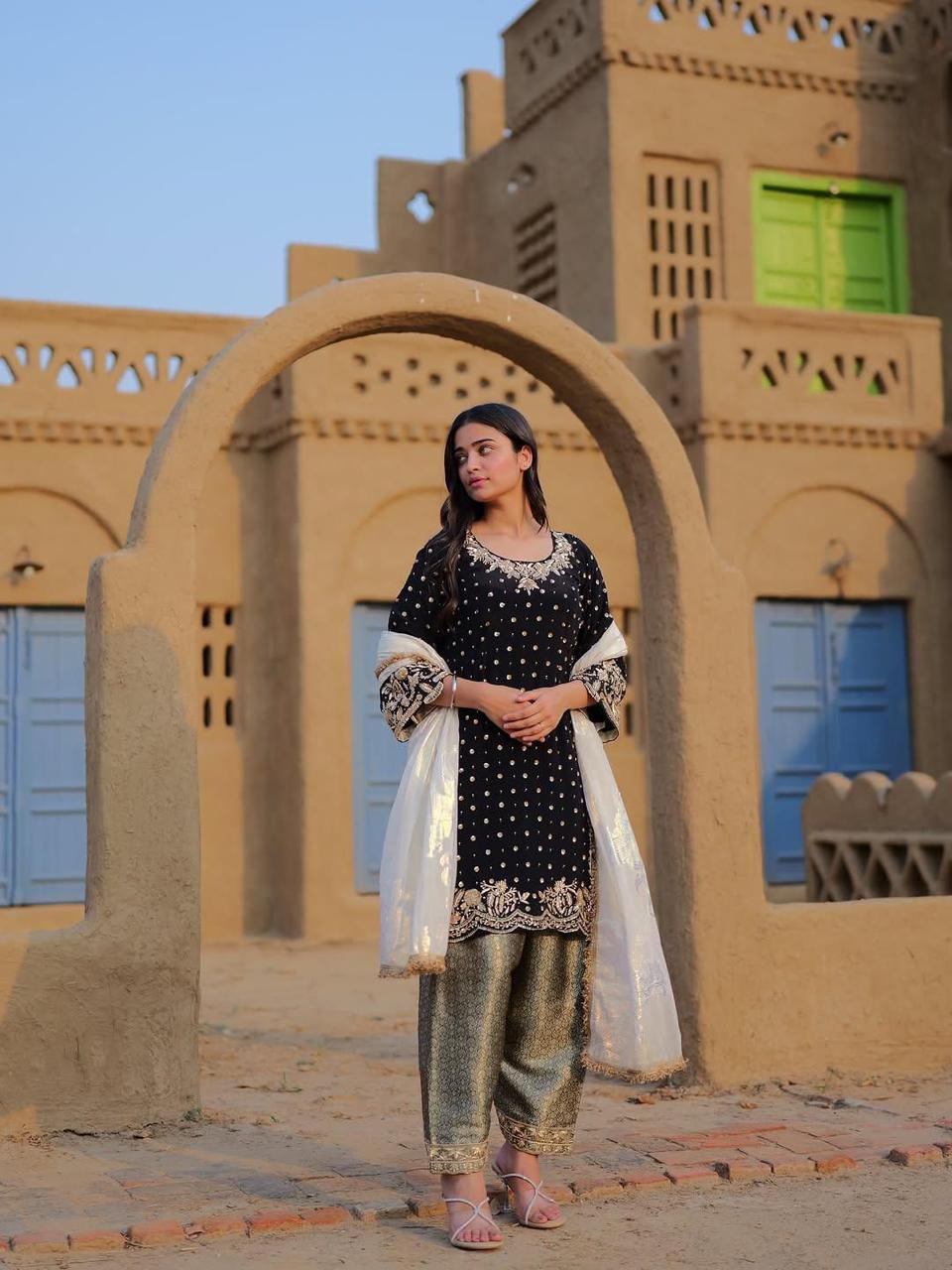 Luxury Black Kurta with Gold Trousers & Dupatta