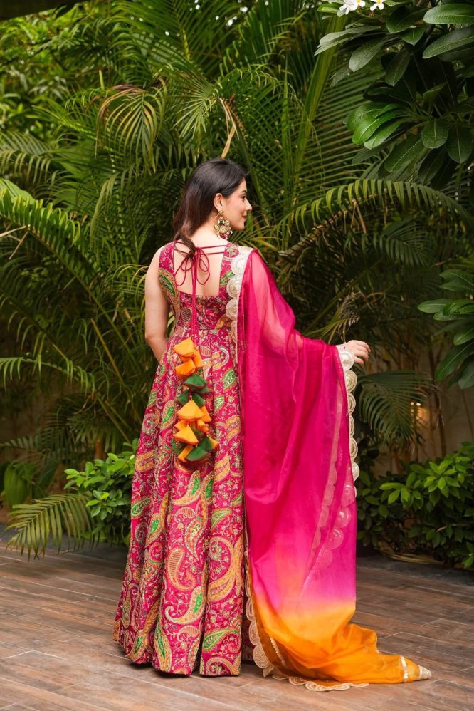 Bandhej Paisley Printed Anarkali with Ombre Dupatta