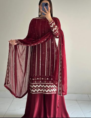 Maroon Embroidered Premium Suit Set with Dupatta