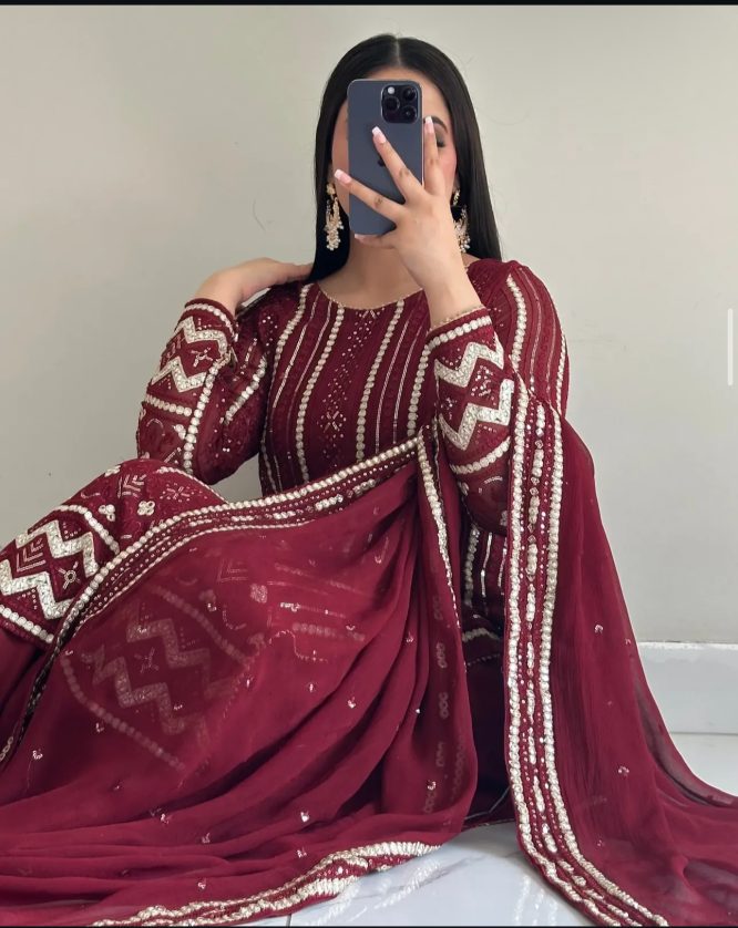 Maroon Embroidered Premium Suit Set with Dupatta