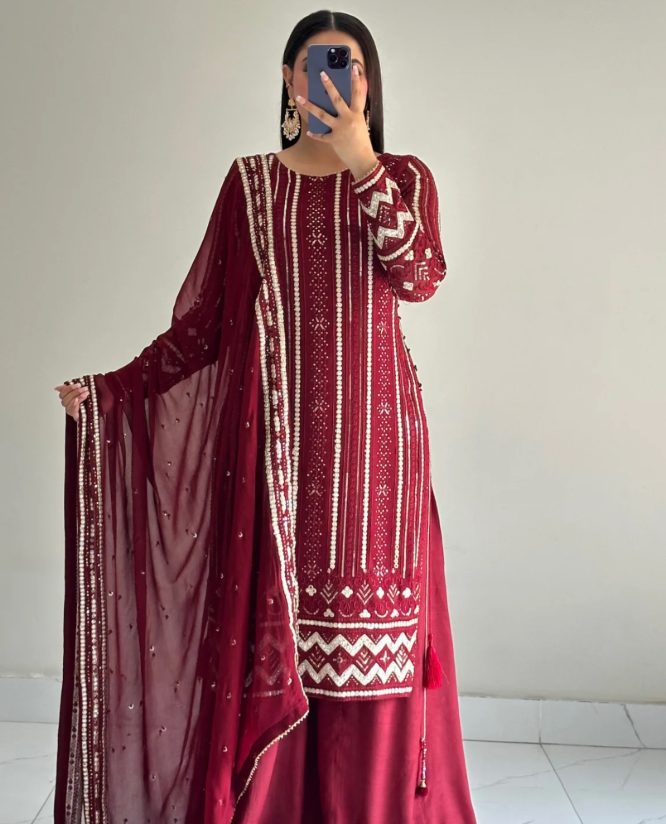 Maroon Embroidered Premium Suit Set with Dupatta