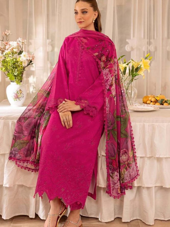 Fuchsia Pink Embroidered Lawn Suit with Dupatta