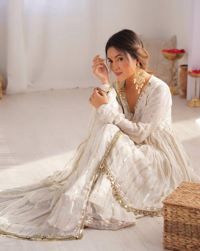 Ivory And Gold Mirror Work Sharara Set