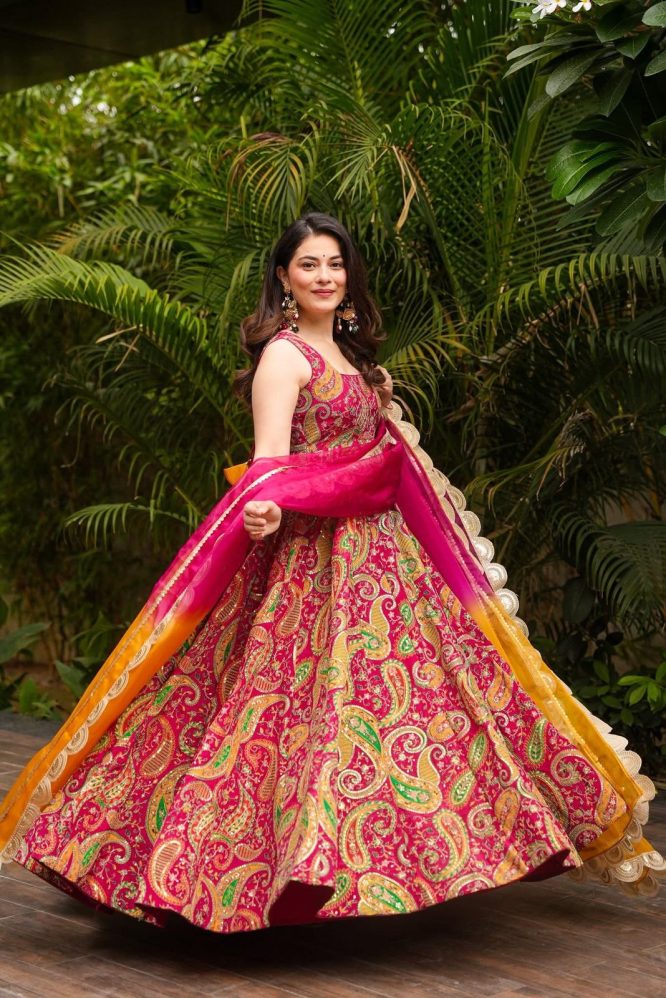 Bandhej Paisley Printed Anarkali with Ombre Dupatta